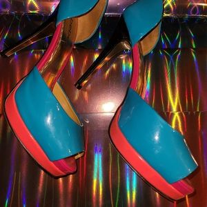 Vintage BEBE Patent Neon Pink Blue Coral Heels Size 8